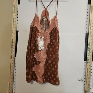Gimmicks by BKE Pink and Brown Lace Boho Tank top